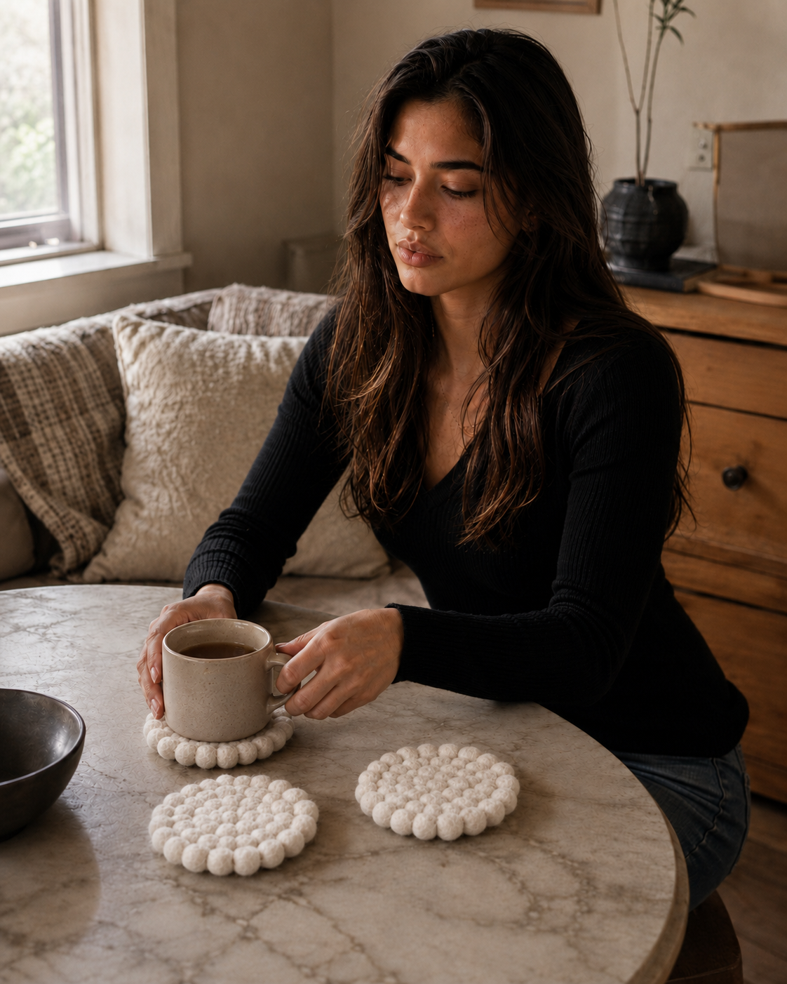 New Zealand Wool Ball Coasters White