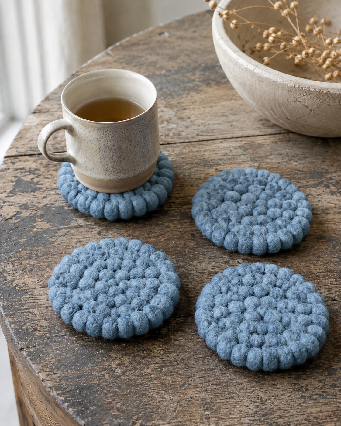 New Zealand Wool Ball Coasters ,Dyed Grey