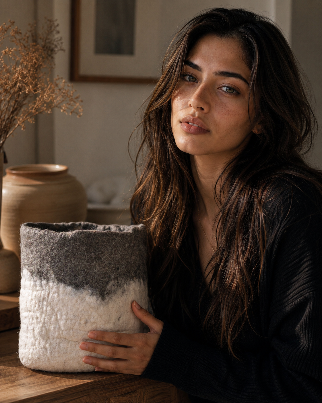 New Zealand Wool Basket ( Dyed Light Grey On Base)