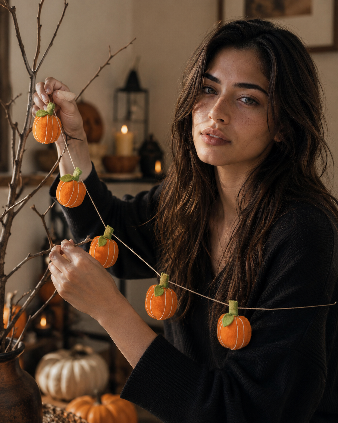 New Zealand Wool Pumpkin Garland (: Halloween Color + White)