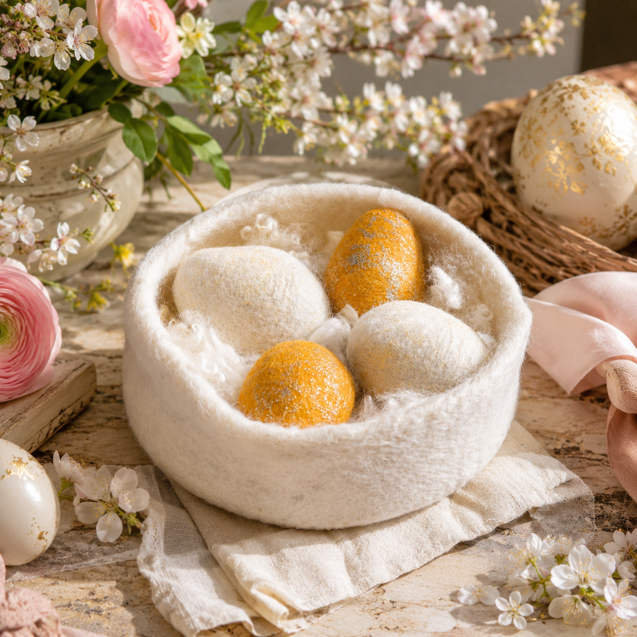 Felt Easter Eggs Basket (Yellow And Off White) Ornament