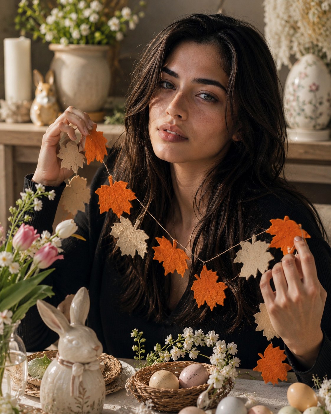 Felt Maple Leaves Garland(Orange & Off White) (Set of 2)