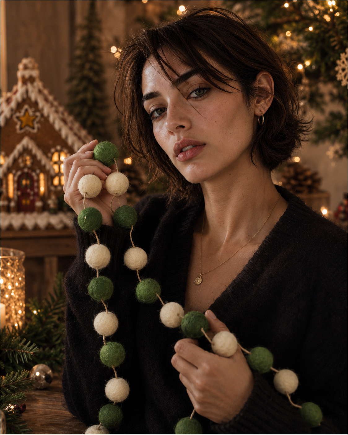 Felt Pom Pom Garland Large (Green & Off White)