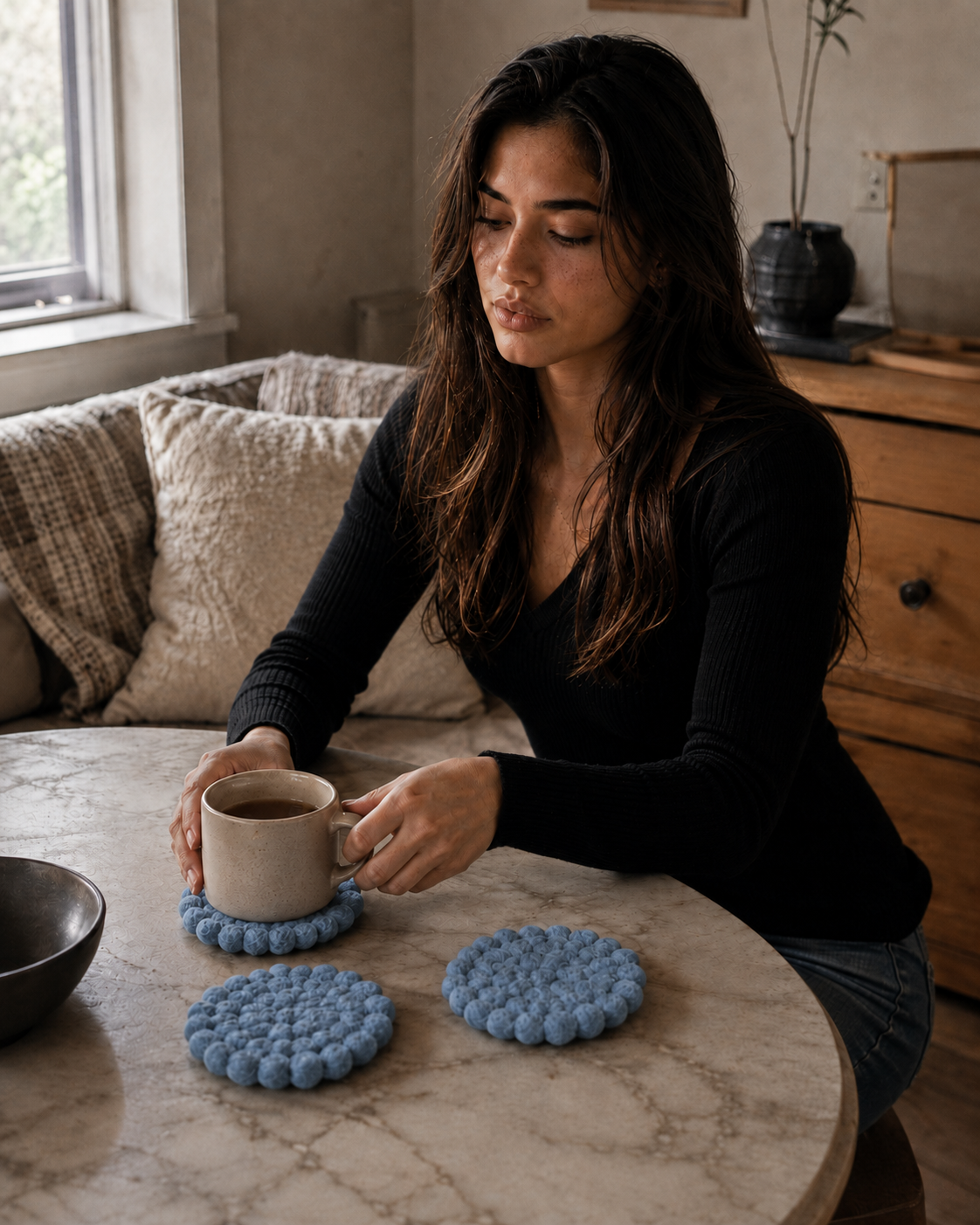 New Zealand Wool Ball Coasters ,Dyed Grey