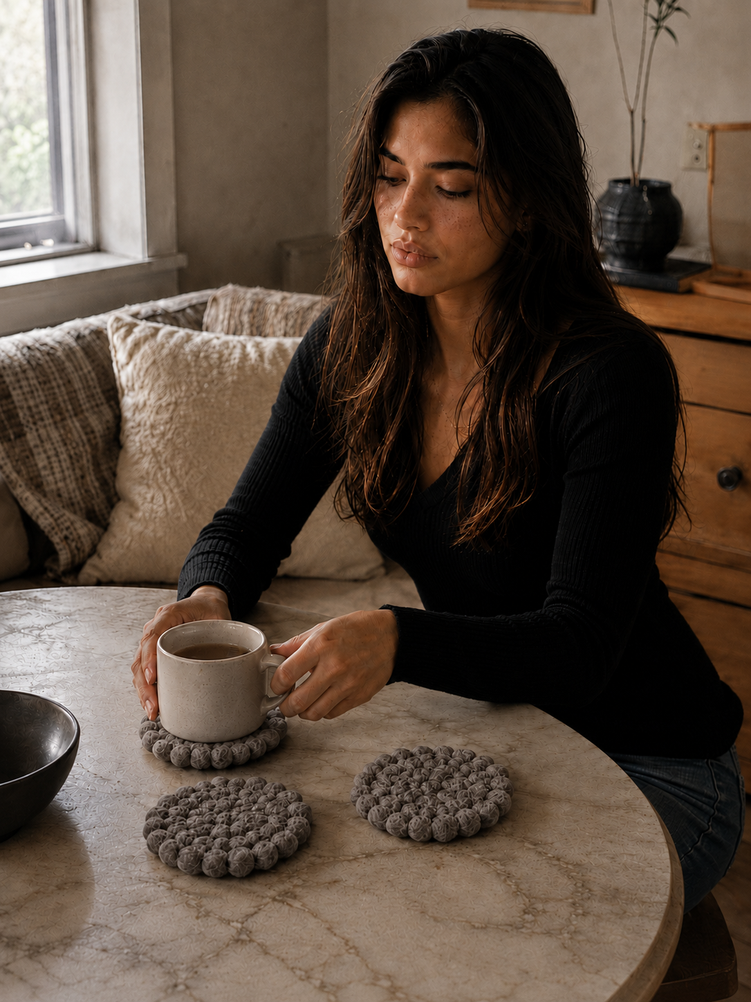 New Zealand Wool Ball Coasters , Natural Grey