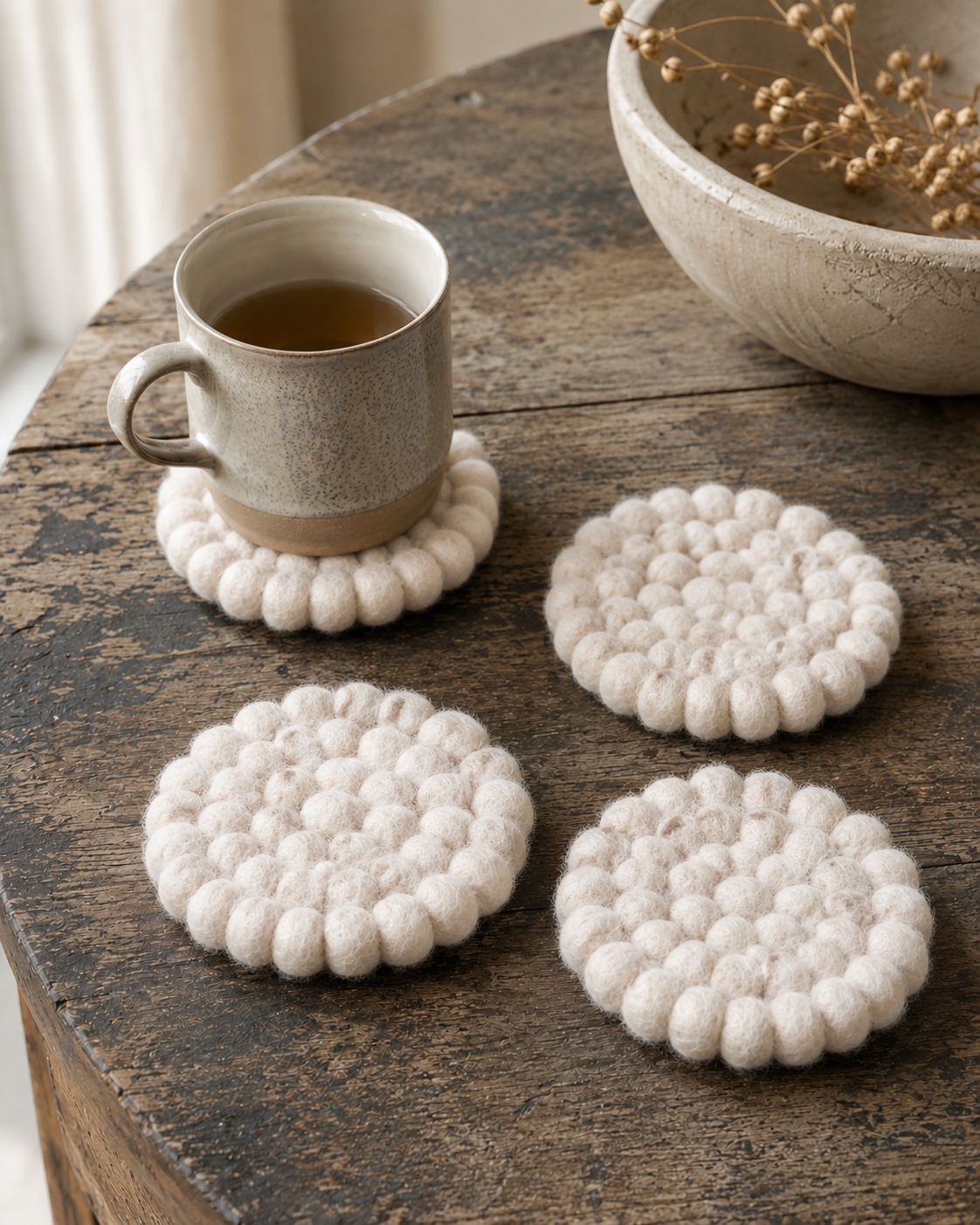 New Zealand Wool Ball Coasters White