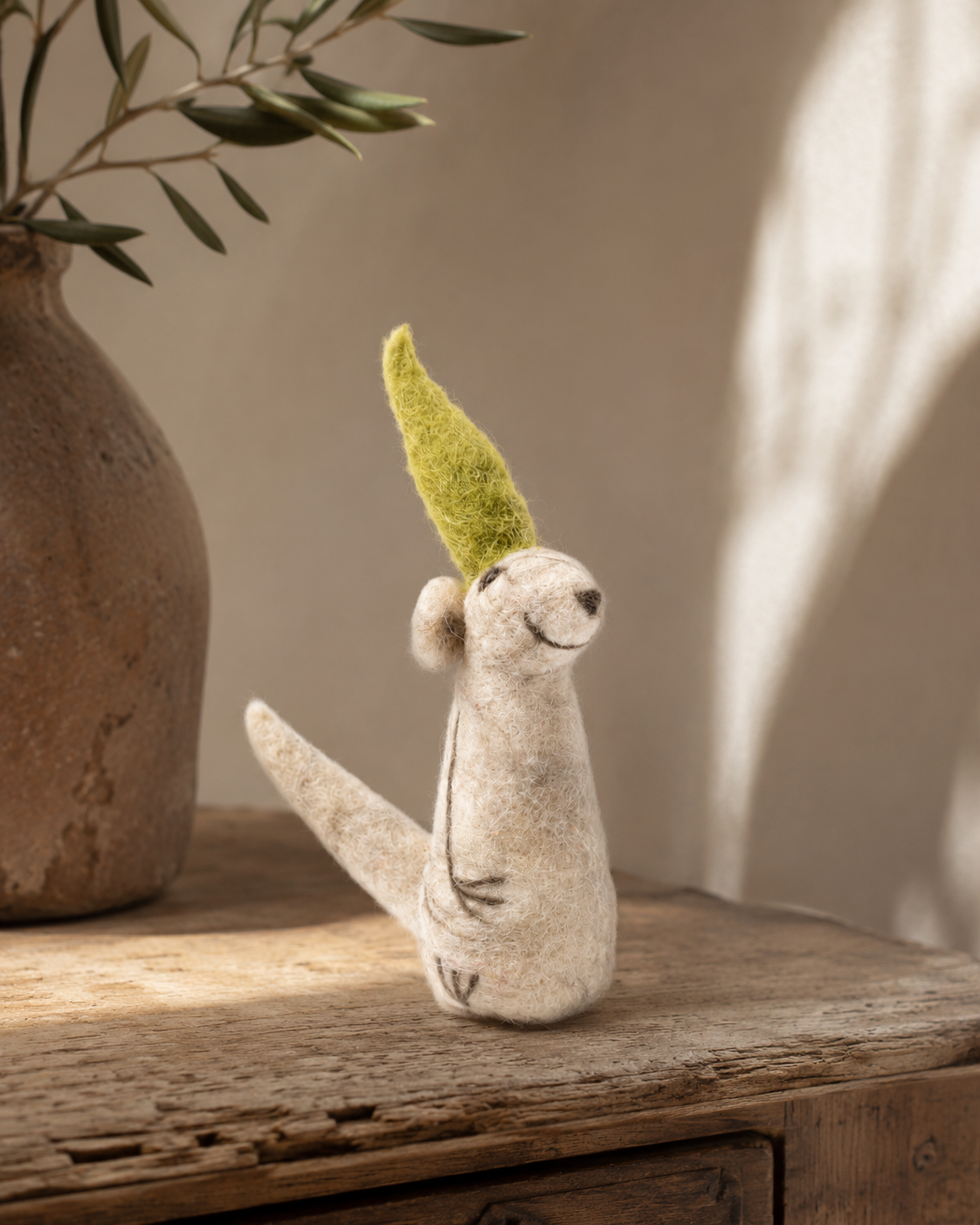 Wool Felt Mouse with Green Cap