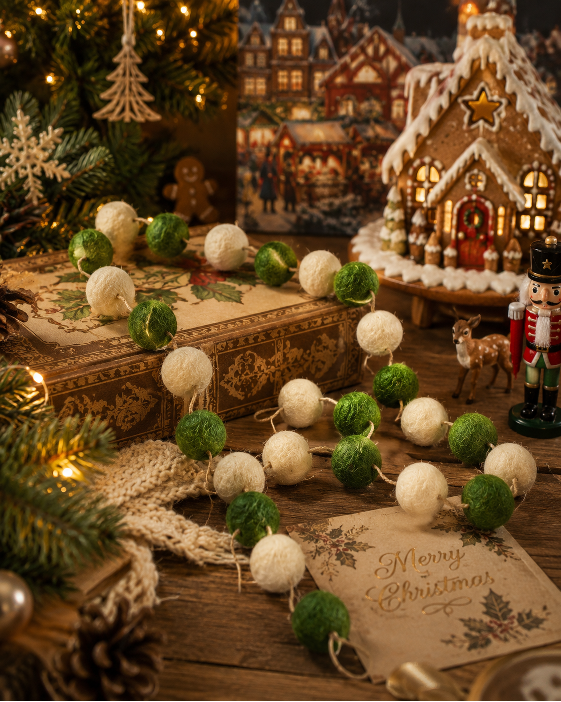 Felt Pom Pom Garland Large (Green & Off White) 