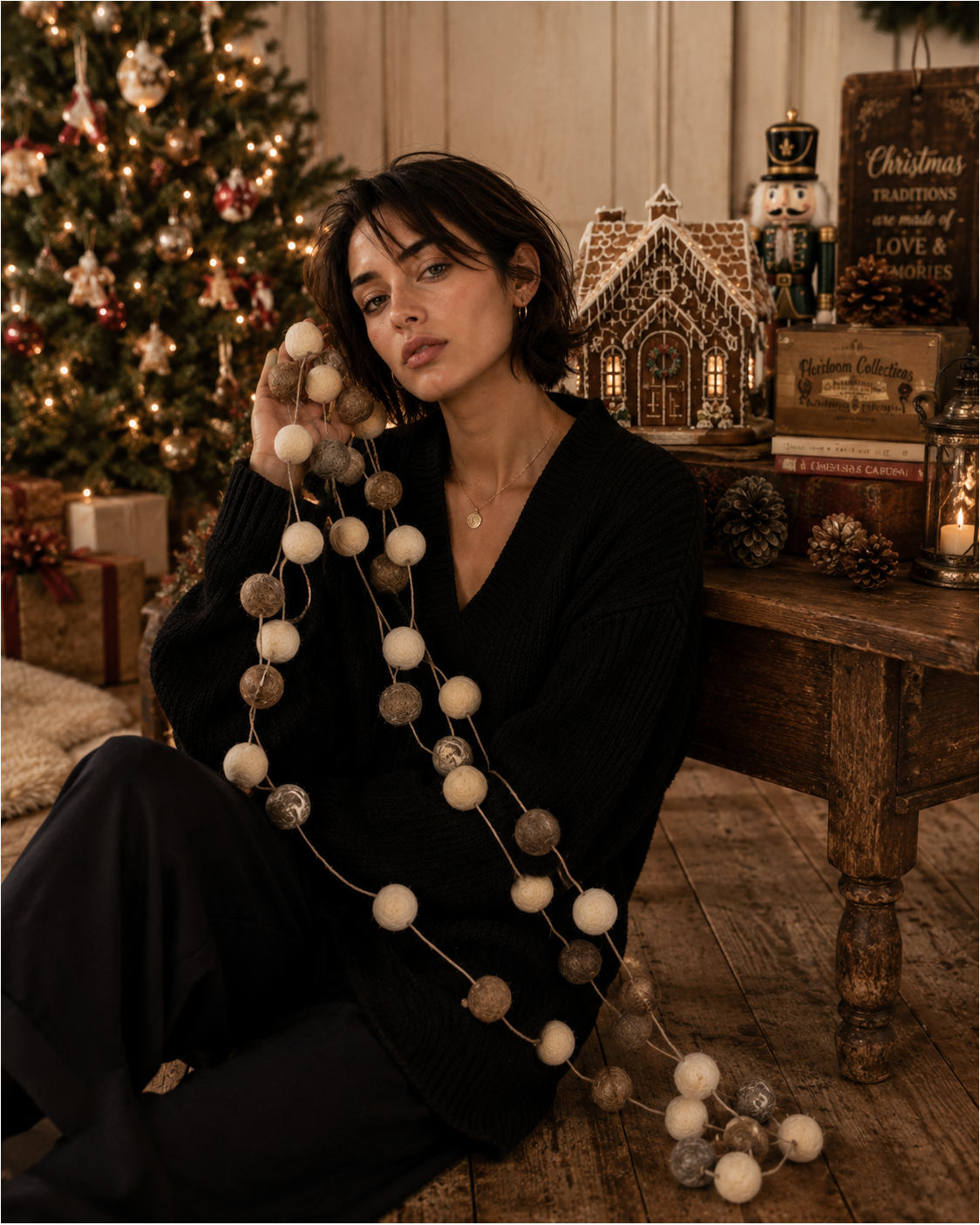 Felt Pom Pom Garland Large (Brown & Off White)