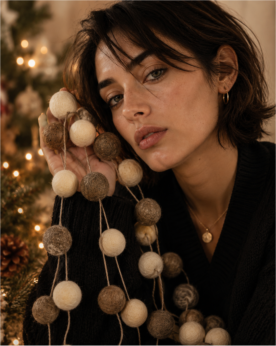 Felt Pom Pom Garland Large (Brown & Off White)