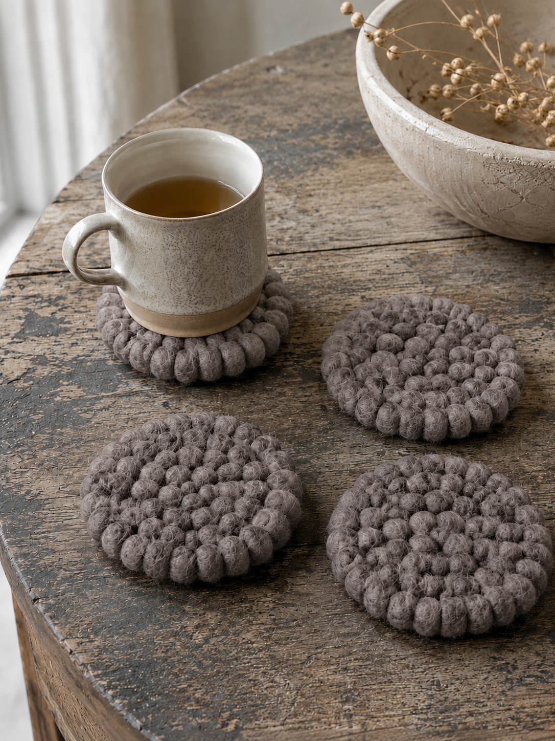 New Zealand Wool Ball Coasters , Natural Grey